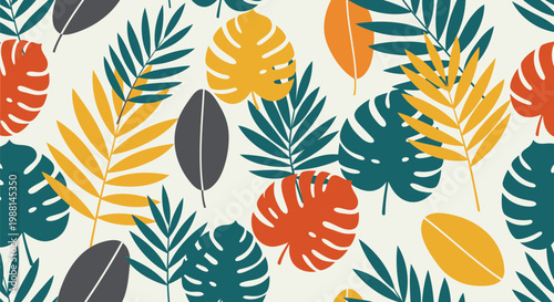Tropical leaf pattern, colorful monstera leaves, palm fronds, jungle foliage, vector background