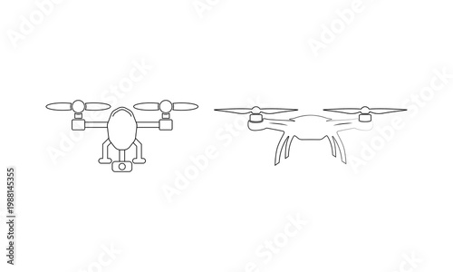 Simple outline drone symbol set with quadcopter designs, presented as minimal vector line illustrations isolated on clean background, EPS 10 compatible.