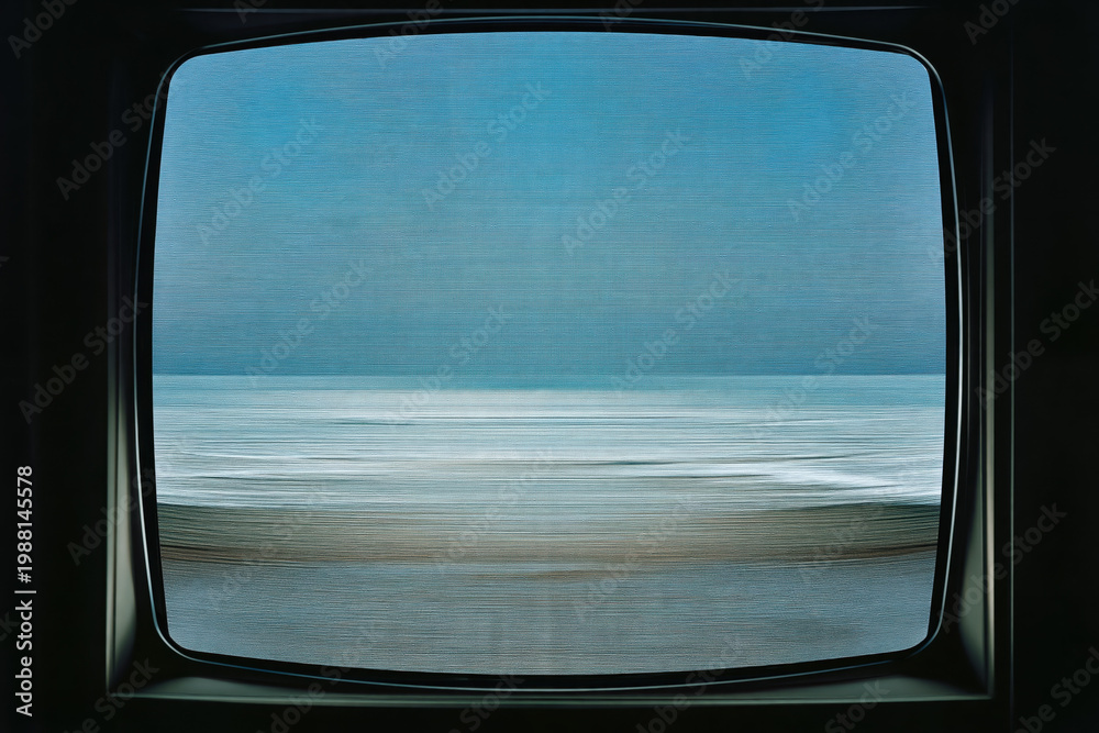Naklejka premium Retro television frame overlooking soothing ocean waves and clear sky