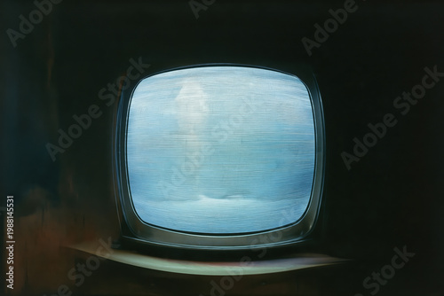 Retro television with static screen in dark room