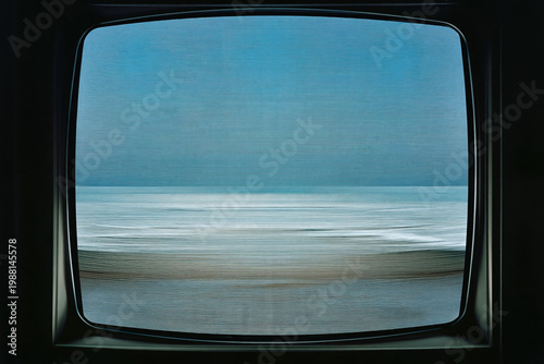 Retro television frame overlooking soothing ocean waves and clear sky