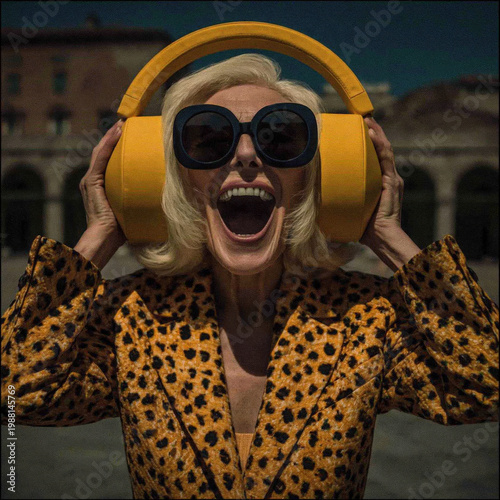 Elderly woman enjoying music outdoors with giant headphones and vibrant fashion
