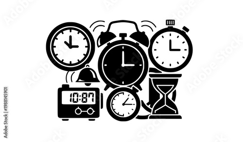 A collection of various clocks and timekeeping devices in a flat design