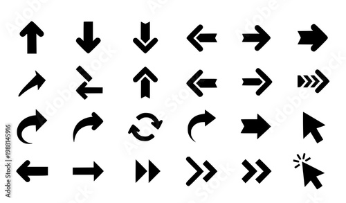 A collection of black arrow icons on a white background