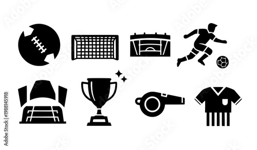 A set of black and white vector icons depicting various sports equipment and symbols