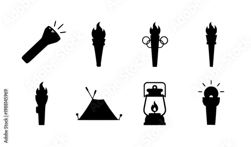 A set of black silhouette icons depicting various camping and lighting tools