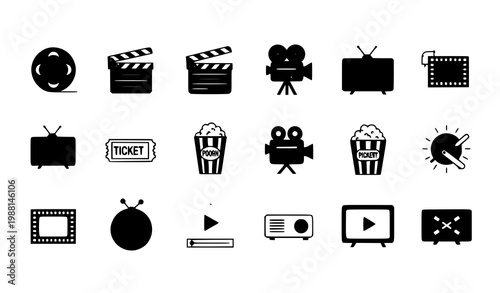 A collection of black and white film and movie icons on a white background