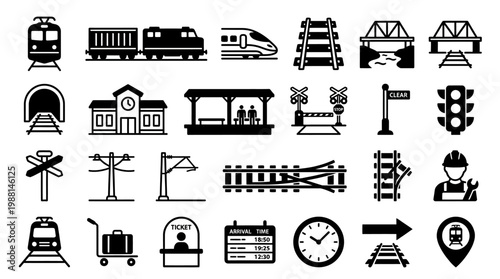 Train Station Transportation Icons Set.