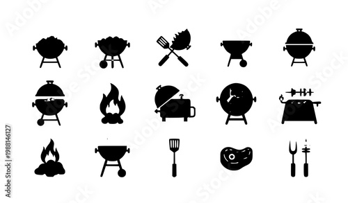 A set of black silhouette icons depicting various barbecue grills and utensils
