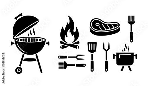 A set of black and white vector icons depicting barbecue tools and grill