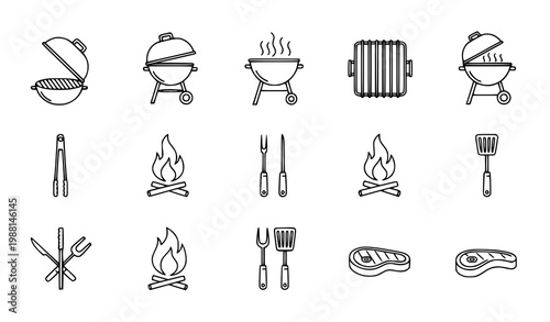 A set of black and white line art icons depicting various barbecue and grilling tools and equipment