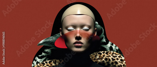 Futuristic fashion portrait with bold makeup and avant-garde headpiece on red background