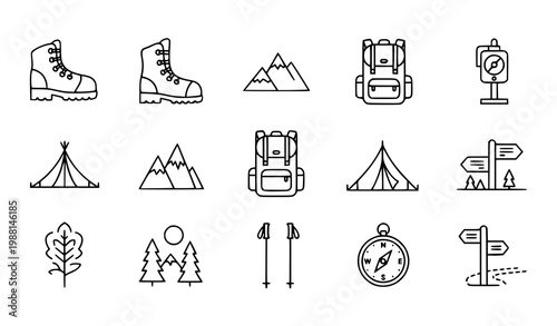A set of minimalist line art icons depicting camping and hiking symbols