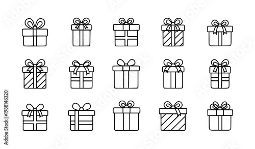 A set of minimalist gift box icons in a simple line art style
