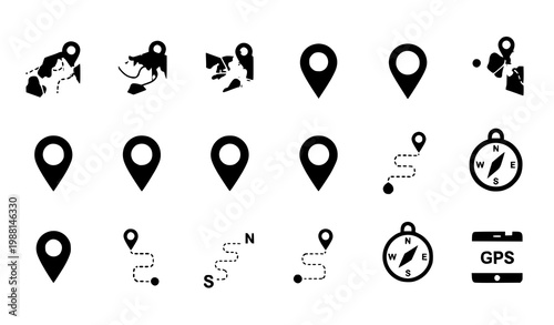 A set of navigation icons including map pins and compasses