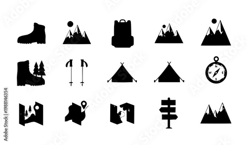 A set of black silhouette icons representing outdoor adventure and camping