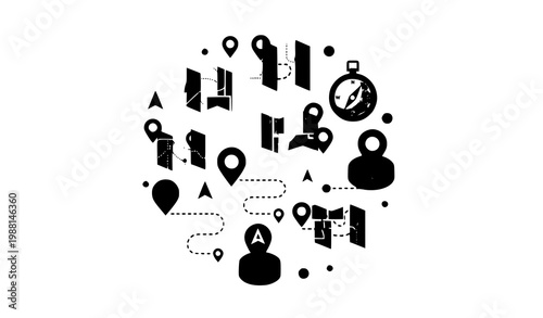 A black and white vector graphic illustration of navigation and travel icons