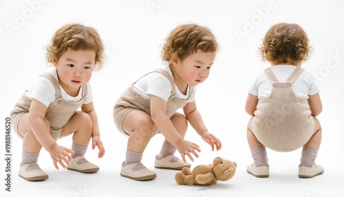 Cute Baby Crouching and Reaching for a Teddy Bear