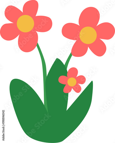 Pink and red flower illustration with green leaves isolated on a white background
