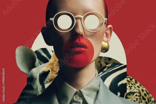 Avant-garde fashion portrait with pop art elements and animal patterns on bold red background