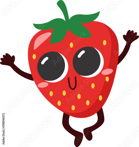 Cute Strawberry Character Cheerful Expression Standing on White Background
