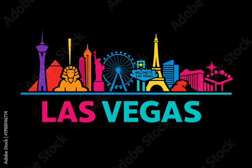 Neon Color 2D Las Vegas Skyline Illustration with Casino Landmarks, Ferris Wheel and Nightlife Vibes