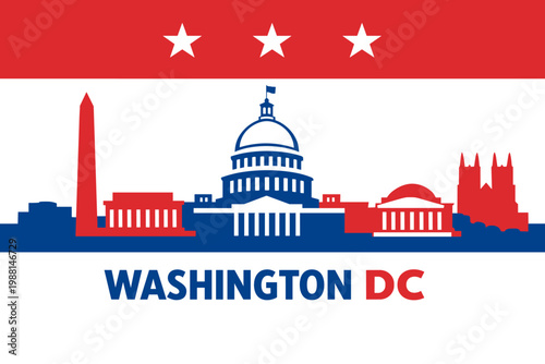 Patriotic 2D Washington DC Skyline Illustration with Capitol Building, Monuments and USA Flag Colors