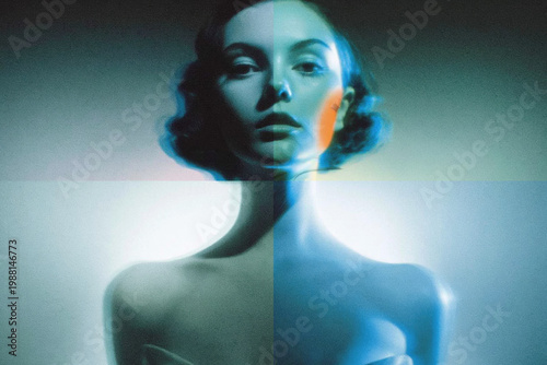 Abstract portrait of woman with surreal lighting effects and blurred features