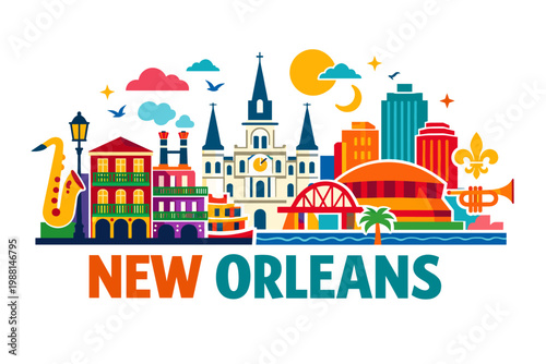 Colorful New Orleans Skyline Illustration with French Quarter, Jazz Elements and Festive Cityscape. Isolated on White Background