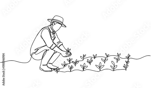 Minimal single line drawing farmer with plant rows growth and cultivation concept vector illustration