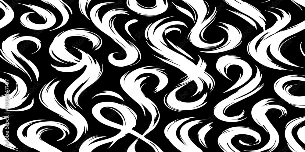 Fototapeta premium seamless vector pattern featuring dynamic, smooth black brush strokes on a clean background. The strokes should form abstract, elegant swirls, loops, and flowing waves with a hand-painted ink.