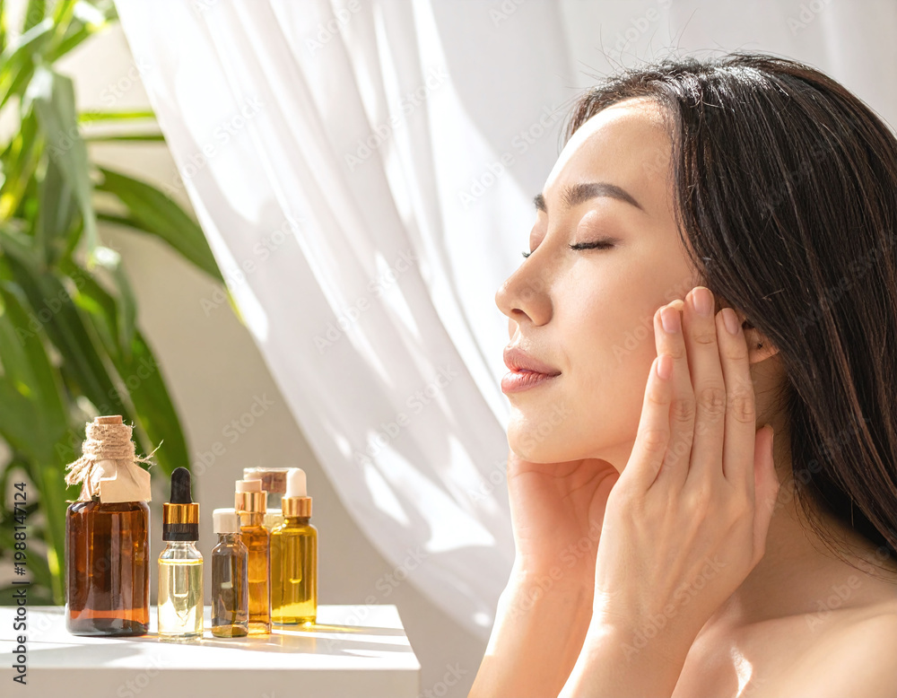 Fototapeta premium Serene Asian woman enjoying a natural skincare routine with organic oils in a sunlit, airy room. Ideal for holistic beauty, wellness branding, and highend luxury spa marketing content.
