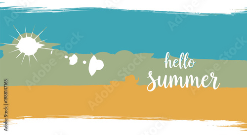 Summer greeting banner, hello summer text, colorful abstract background, sunny illustration