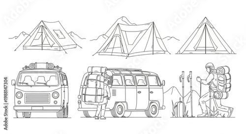 Vintage Camper Van and Camping Tents Illustration.