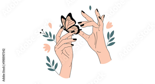 hands releasing butterfly, floral vector illustration, nature graphics, insect release