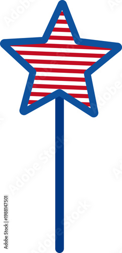 Patriotic Star Party Wand  Clipart.
American  4th of July  Star Wand Flat Vector Illustration.
USA Star Wand.
Red White Blue Party Stick.
Transparent background.