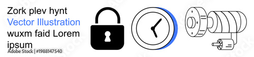 Security systems, mechanical operations, time management, industrial automation, safety concepts, technical illustrations. Black padlock, clock and motor sketch. Security systems and mechanical