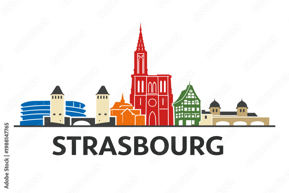 Obraz premium Strasbourg France Landmark Skyline in Colorful 2D Flat Vector Style with European Architecture