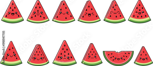 Cute watermelon slice vector illustration set featuring happy cartoon fruit characters with various facial expressions and black seeds.