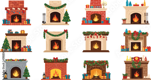 Cozy Christmas fireplace vector illustration set featuring festive holiday decorations with stockings burning logs garlands and gift boxes.