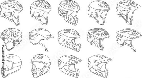 Large collection of bicycle and motorcycle helmet vector illustrations featuring various protective headgear styles and safety equipment line art.
