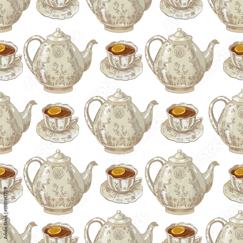 Hand drawn vintage seamless pattern of teapot and tea cup with lemon slice in porcelain style repeat