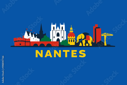 Nantes France Colorful Skyline Illustration in Bold 2D Flat Vector Style with Famous Landmarks