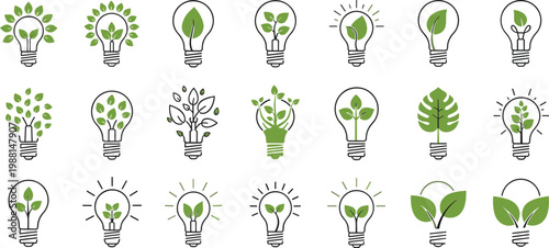 Green energy and eco friendly concept vector illustration set featuring light bulbs with leaves for sustainable ecology and innovation projects.