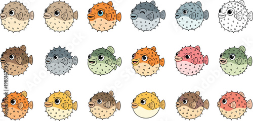 Colorful puffer fish vector illustration set featuring cute cartoon fugu characters with spikes for marine life and sea animal designs.