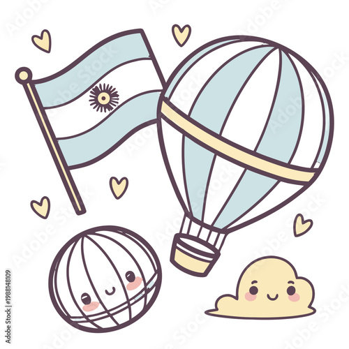 Cute Kawaii Doodle Illustration Featuring Argentina Flag Hot Air Balloon and Smiling Earth