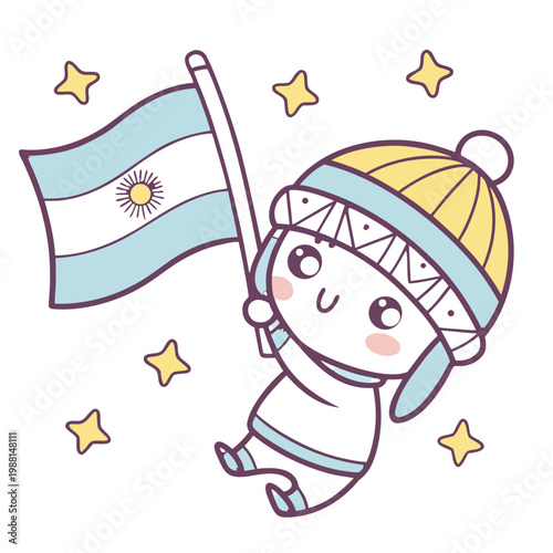 Kawaii Chibi Boy Character Holding Argentina National Flag Surrounded by Twinkling Stars