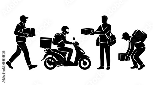 delivery people in silhouette delivering packages