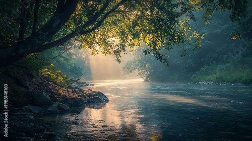 Misty River Morning Sunlight Through Trees.