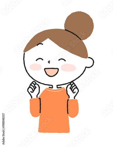 両手でガッツポーズをして喜ぶ笑顔のカジュアルな女性